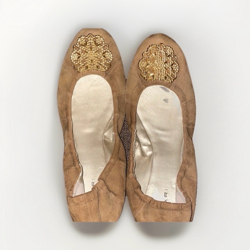 Tahari Tan Gold Loafers with Elegant Embellishment